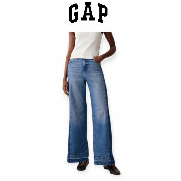 Gap two-tone high rise stride medium indigo wide-legged baggy jeans size 4-Tall - Picture 1 of 16